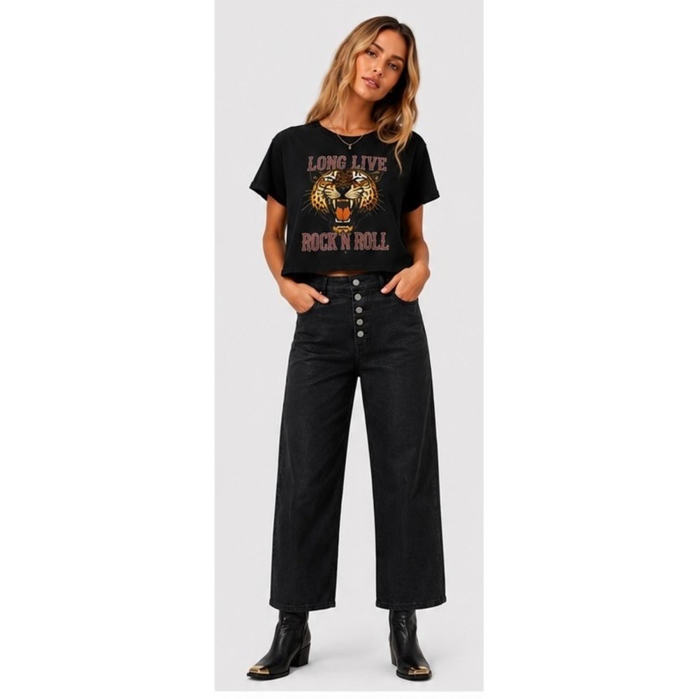 Prince Peter Long Live Rock-N-Roll Leopard Graphic Distressed Crop Tee Black L